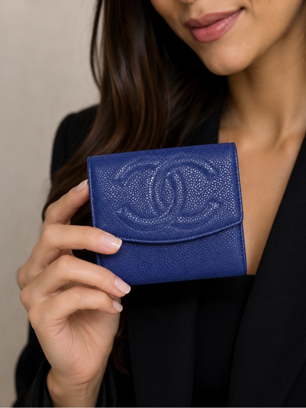 Chanel Blue Cavier Leather Card Wallet with Quilted Logo